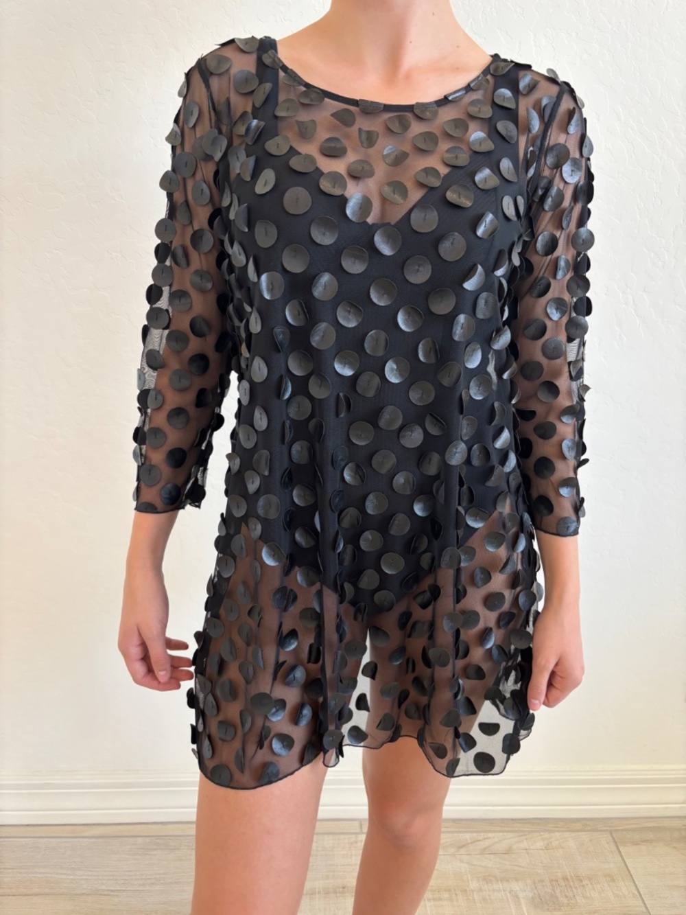 Black Sheer Mesh Mini Dress 3D Applique Polka Dot Swim Coverup S Fleece Chemise